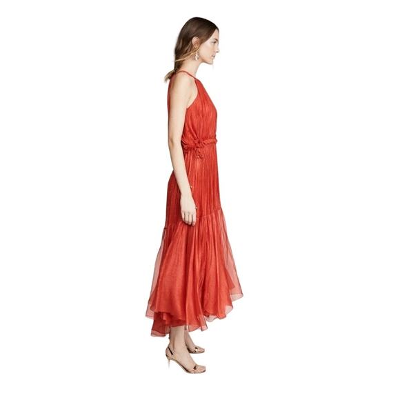 MARIA LUCIA HOHAN Maella Silk Tent Dress Red Chiffon Ruffled Plisse Halter Gown - Picture 5 of 16